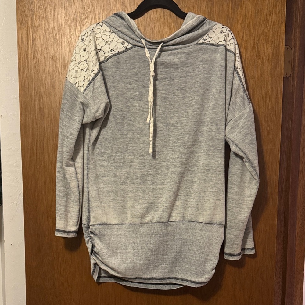 Vanity Heather Gray Cowl Neck Sweater with Lace Accents